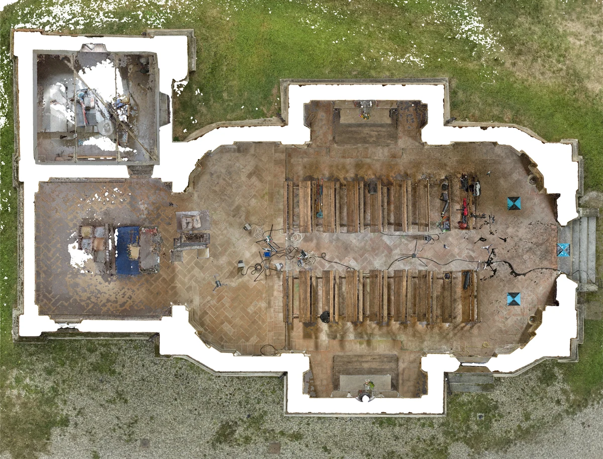 Vista ortofotografica in pianta degli interni della chiesa