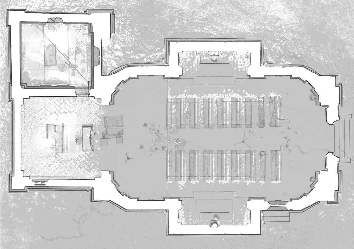 Pianta della chiesa in scala di grigi con contorni delle murature