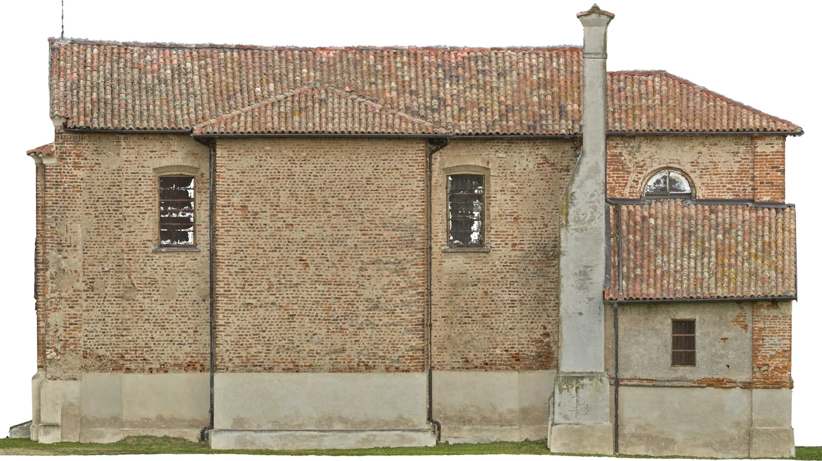 Ortoprospetto laterale della chiesa in mattoni