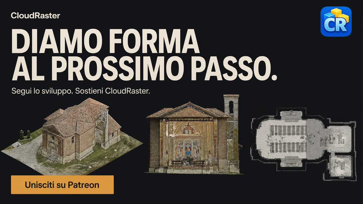 CloudRaster: diamo forma al prossimo passo. Modello tridimensionale, prospetto e pianta di una chiesa. Segui lo sviluppo e sostieni CloudRaster su Patreon