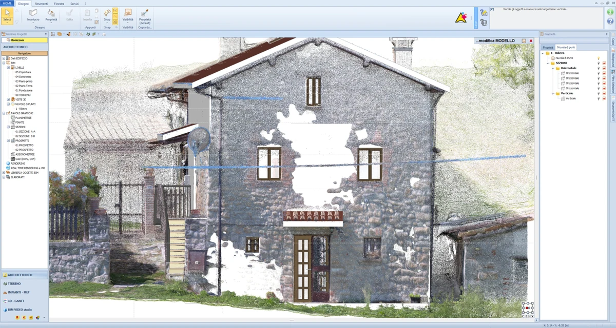 Prospetto dell’edificio con la nuvola di punti e la restituzione di aperture e copertura