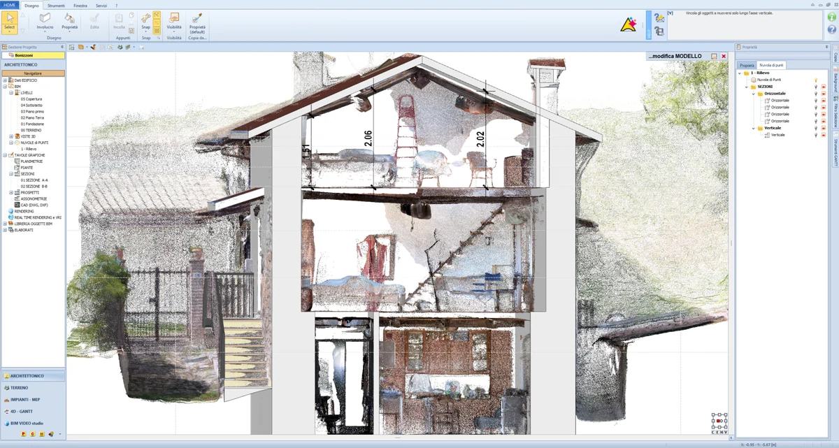 Sezione verticale dell’edificio con nuvola di punti, geometrie e quote interne
