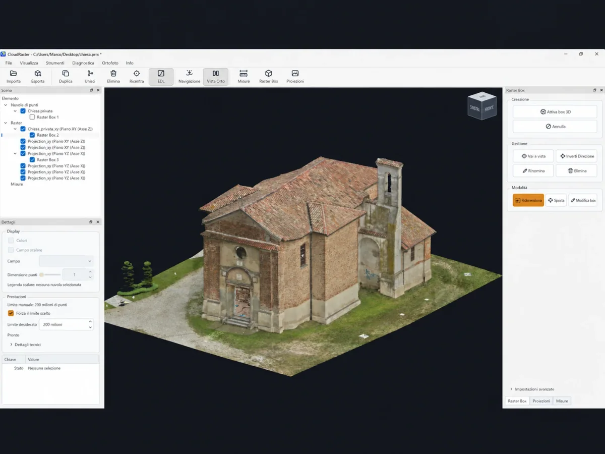 Nuvola di punti di una chiesa visualizzata in CloudRaster