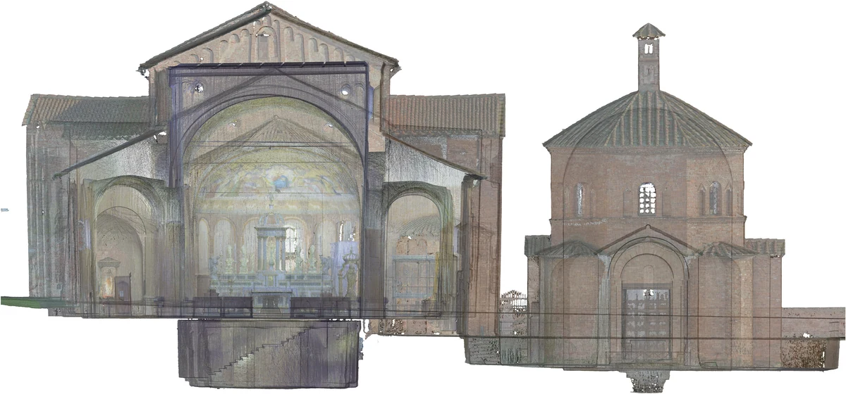 Sezione trasversale della basilica con vista degli spazi interni e del battistero