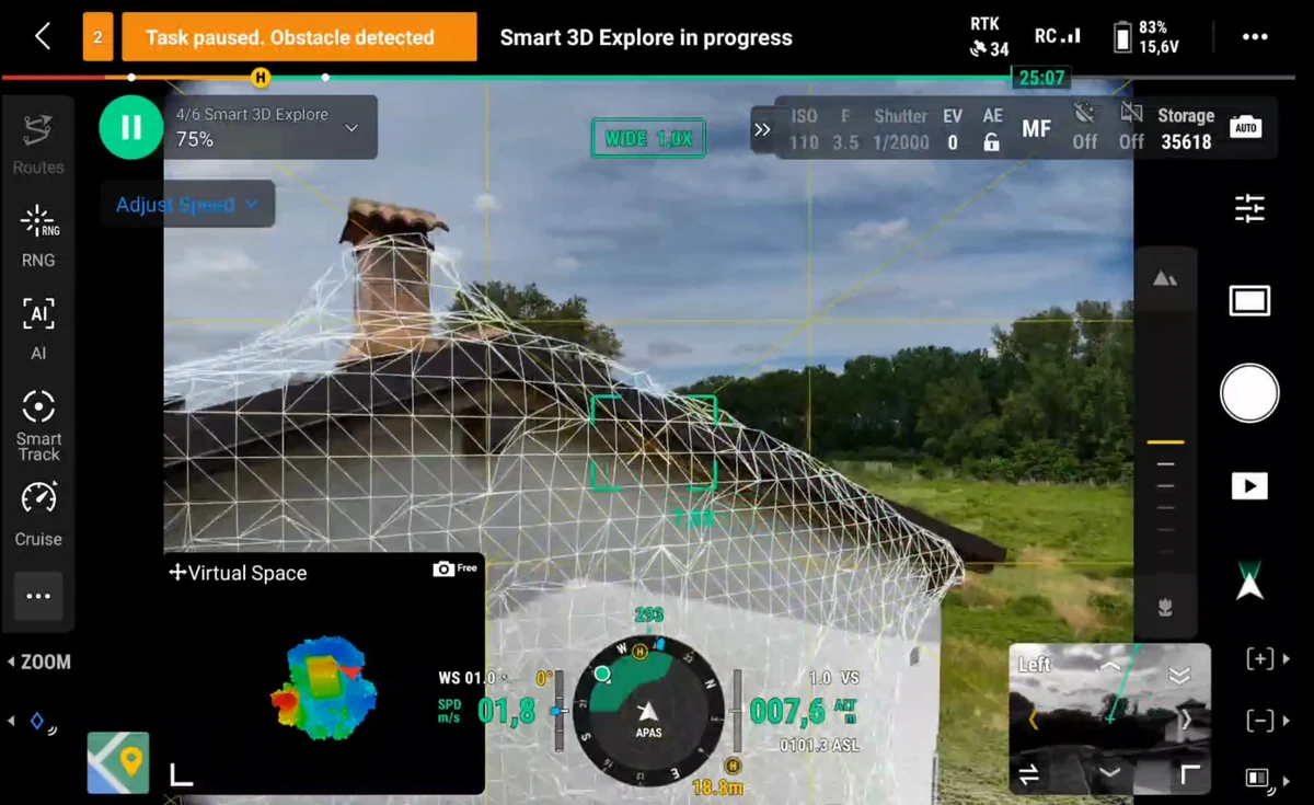 Geometrie del tetto rilevate durante Smart 3D Explore, sovrapposte alla ripresa del Matrice 4E