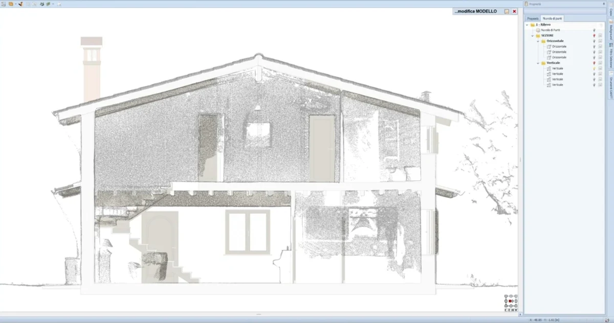 Sezione del modello BIM sovrapposta alla nuvola di punti dell’edificio
