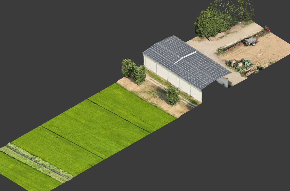 Dettaglio tridimensionale del campo coltivato e del fabbricato agricolo